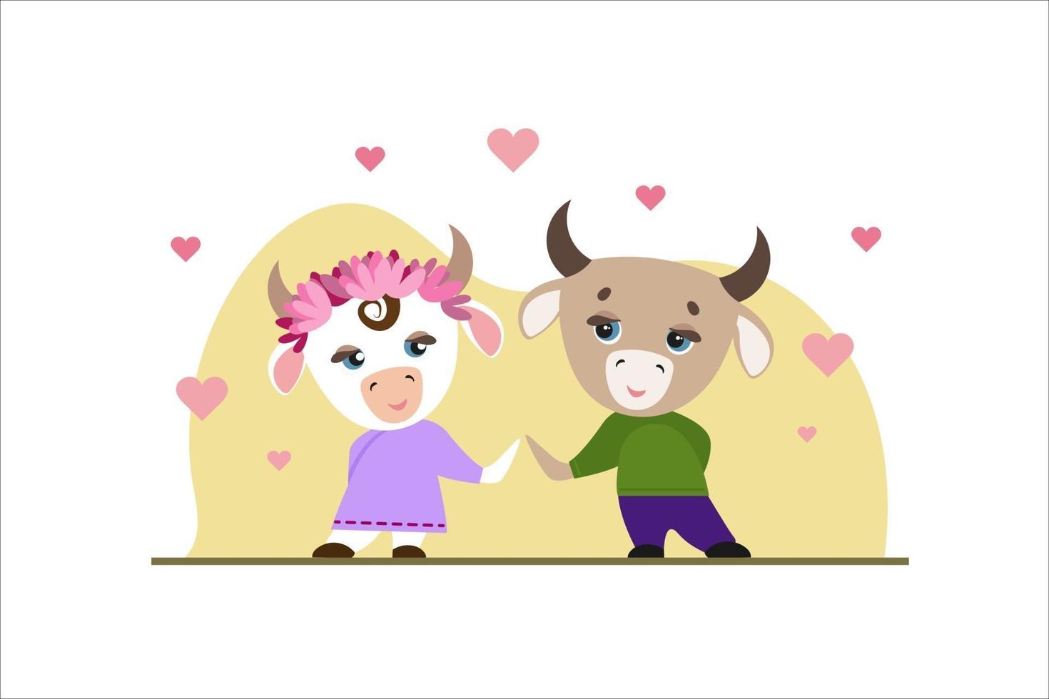 taureaux amoureux style dessin animé mignon vache vecteur