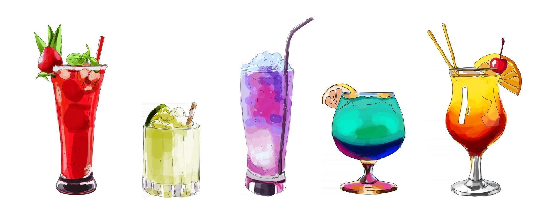 illustration dessinée à la main d'un ensemble de cocktails vecteur