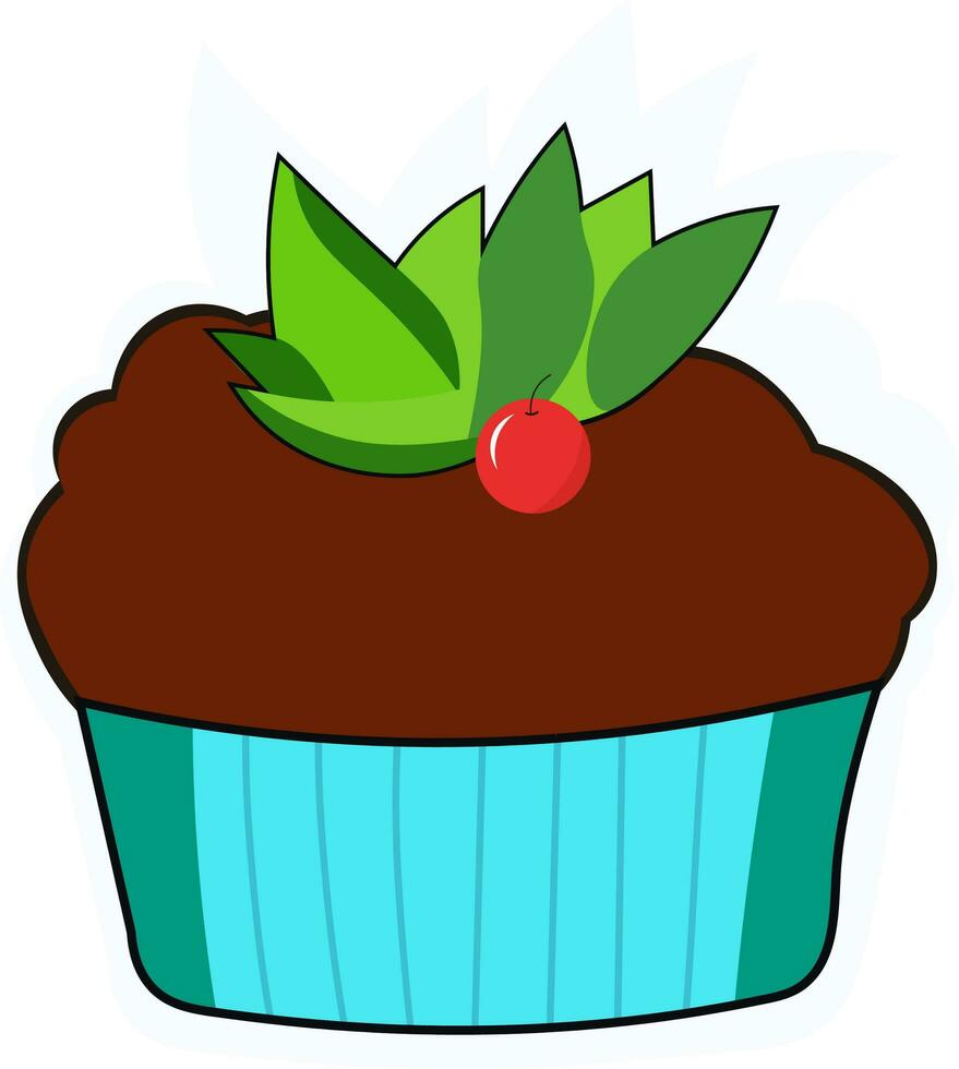 illustration de petit gâteau décoré par feuilles et Cerise élément dans autocollant style. vecteur