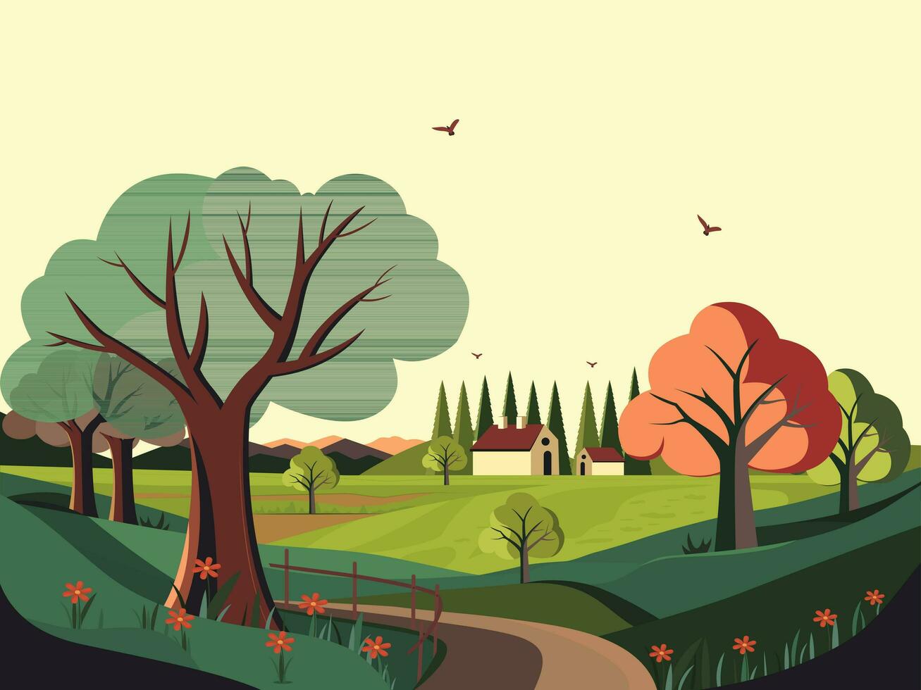 la nature paysage Contexte avec montagnes, des arbres, sentier, en volant des oiseaux et chalet illustration. vecteur