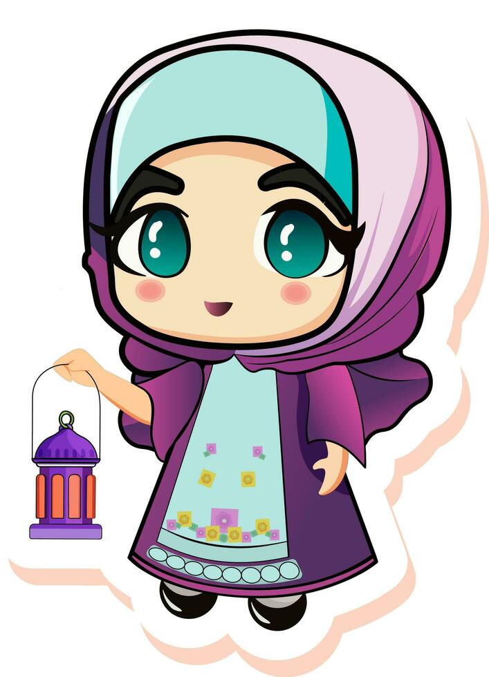 illustration de mignonne musulman fille personnage en portant lanterne dans autocollant style. vecteur