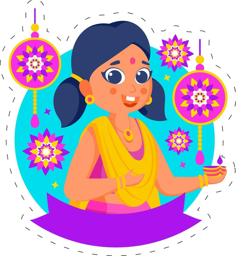 content diwali concept avec dessin animé fille en portant allumé pétrole lampe diya, mandala ornement sur bleu et blanc Contexte. vecteur