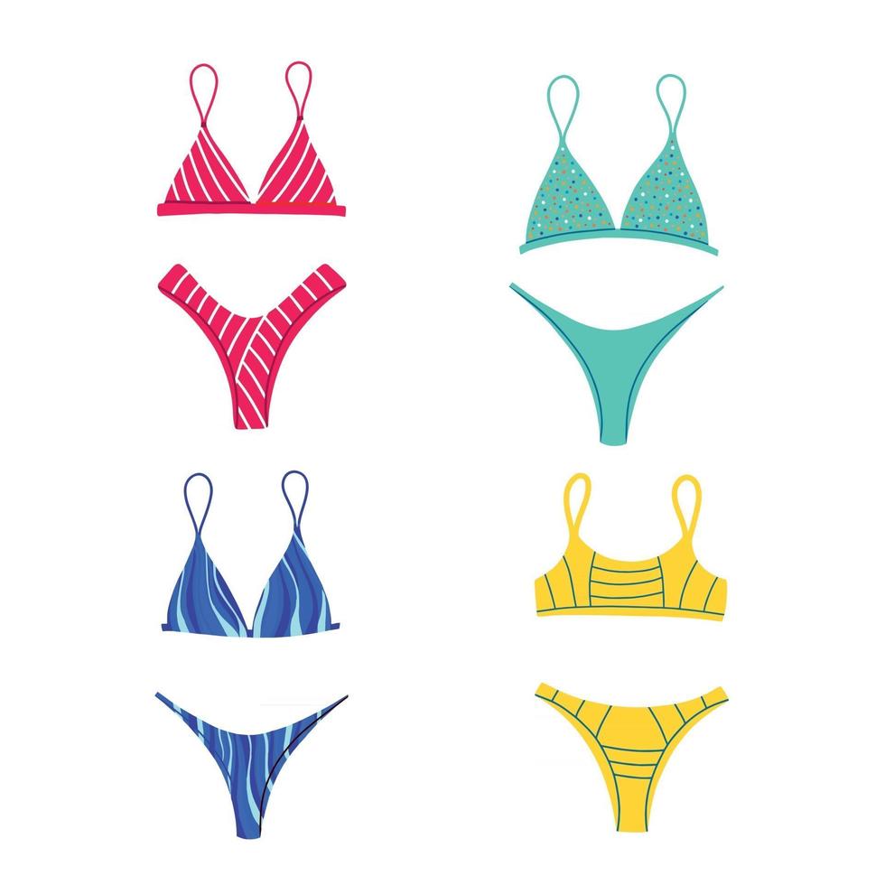 une collection de maillots de bain à la mode. tenue de plage. maillots de bain deux pièces, bikinis. illustration vectorielle plane vecteur