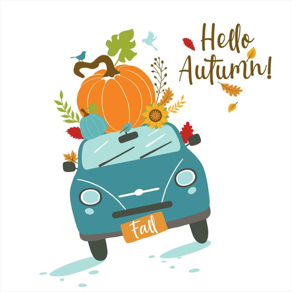 vecteur l'automne salutation carte avec voiture et citrouille, chute feuilles et texte Bonjour l'automne . Contexte pour tomber saison. affiche avec transport et floral éléments. récolte temps