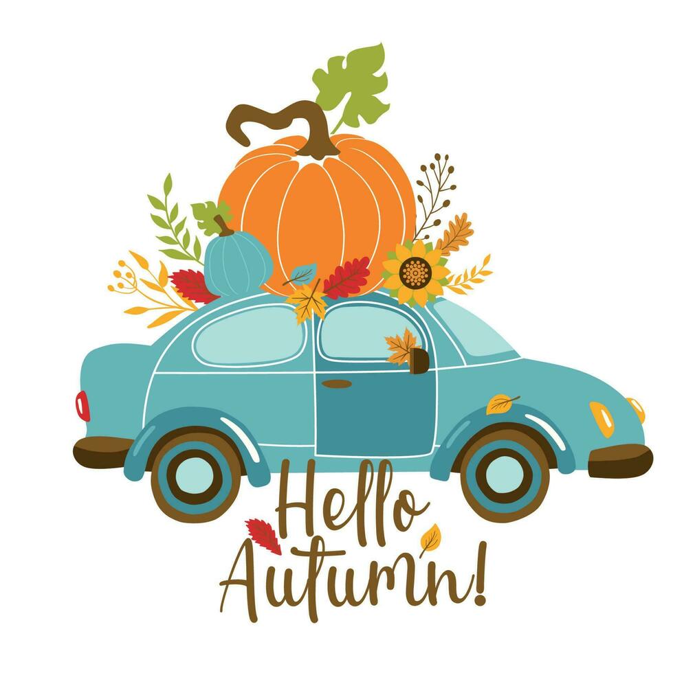 vecteur l'automne salutation carte avec voiture et citrouille, chute feuilles et texte Bonjour l'automne . Contexte pour tomber saison. affiche avec transport et floral éléments. récolte temps