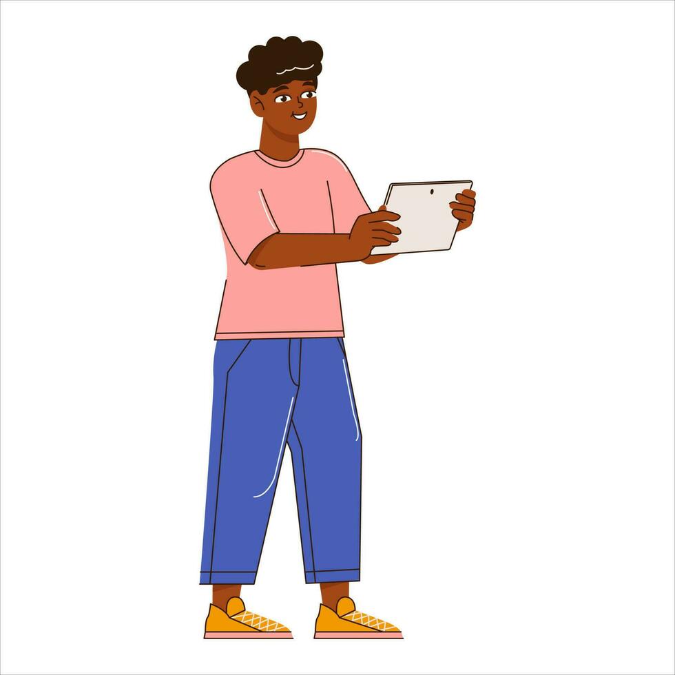 une content Jeune gars est en portant une tablette ordinateur dans le sien mains et à la recherche dans il. une homme permanent isolé sur une blanc Contexte. vecteur illustration