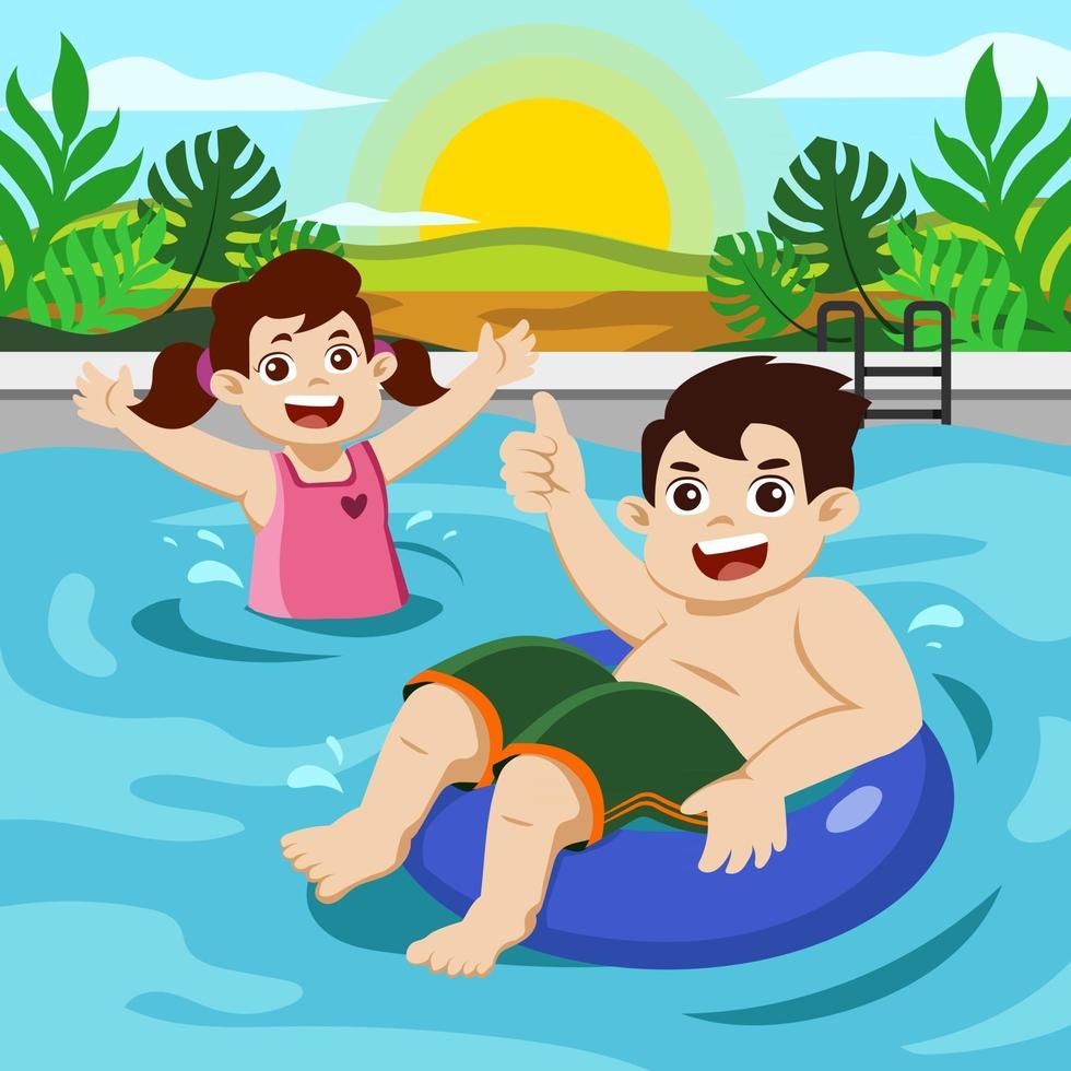 enfants heureux nageant à la piscine en été vecteur