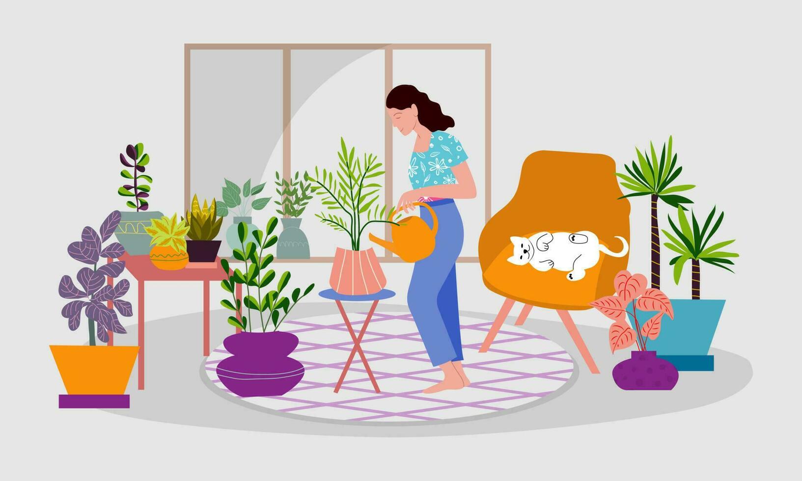 Jeune femme dans confortable vêtements en portant arrosage pouvez et arrosage Accueil les plantes dans le chambre, chat est dans le chaise. vecteur