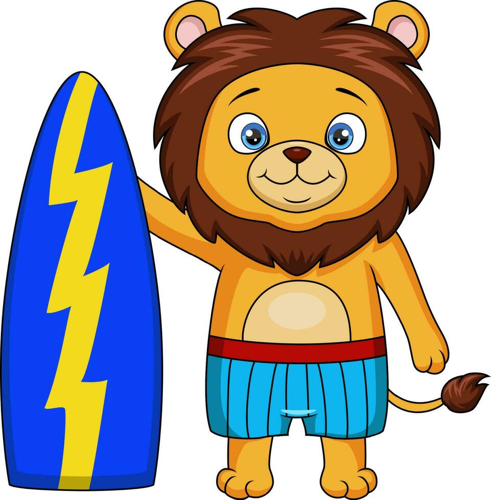 mignonne Lion dessin animé en portant une planche de surf vecteur