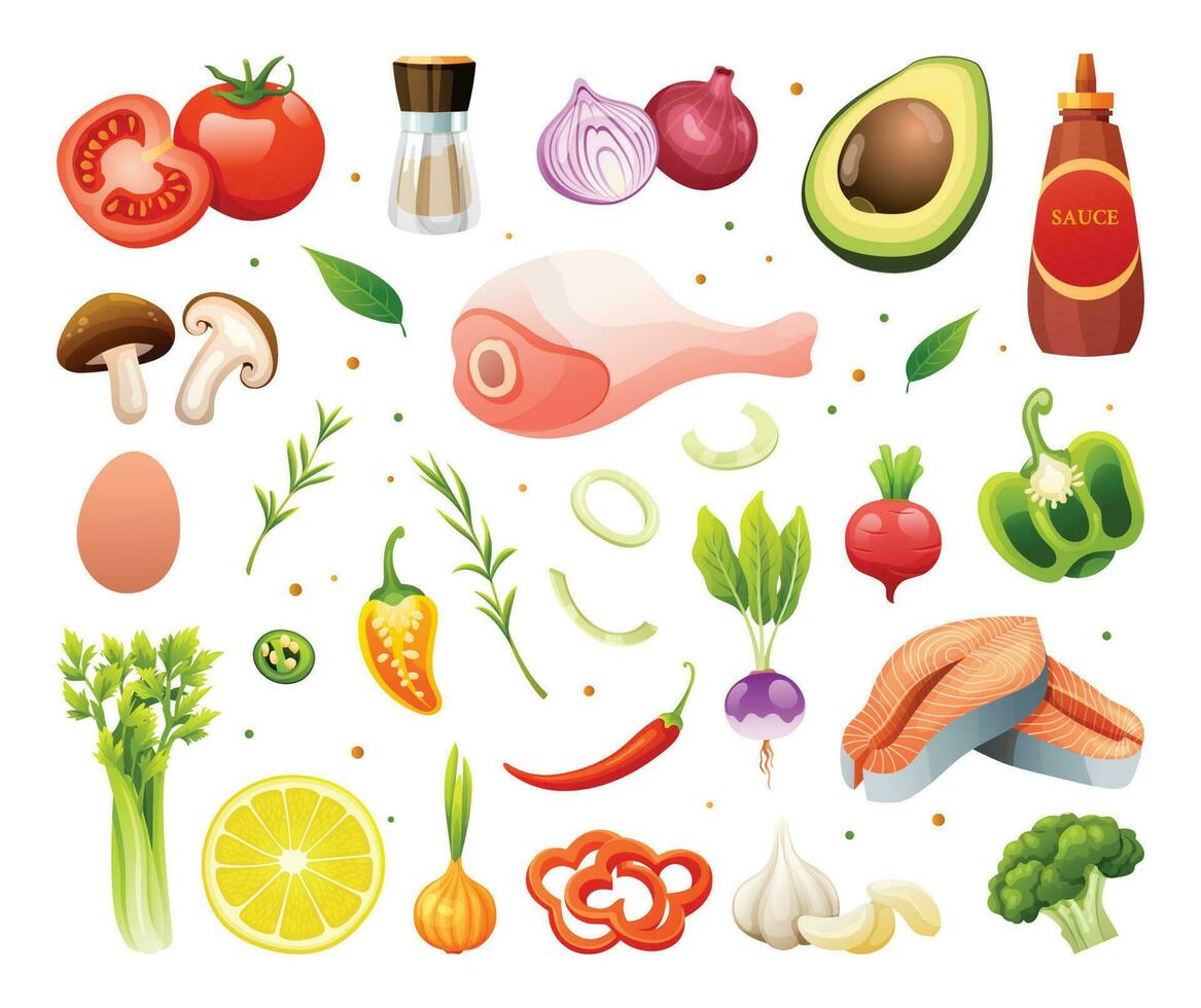 Frais viandes, des légumes et herbes illustration ensemble. en bonne santé nourriture Ingrédients vecteur dessin animé