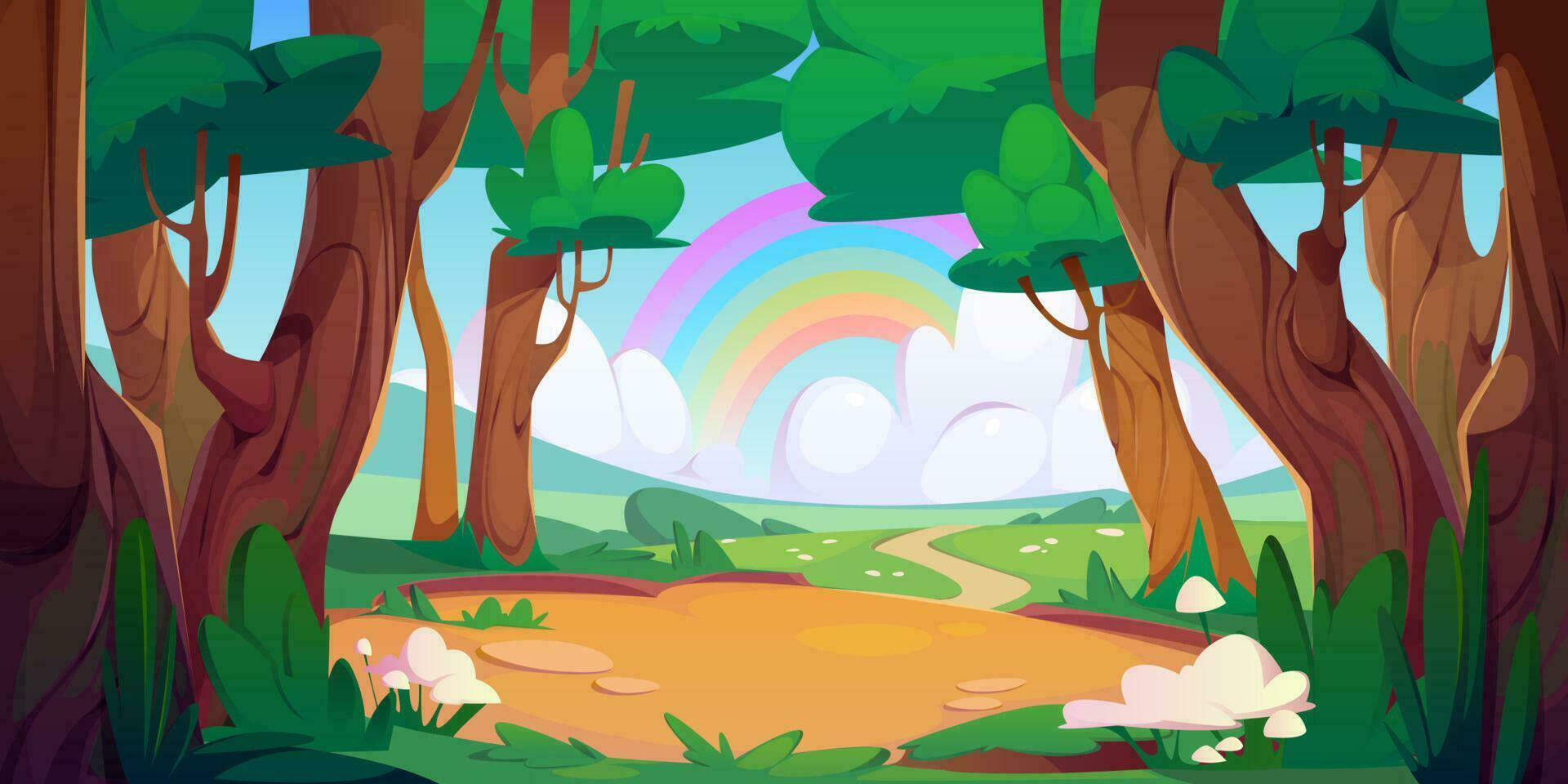 dessin animé été forêt et arc en ciel sur horizon vecteur