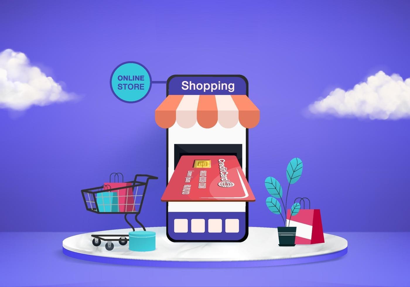 shopping boutique en ligne à vendre commerce électronique mobile fond bleu 3d acheter en ligne sur application mobile 24 heures shopping panier carte de crédit magasin minimal appareil en ligne vecteur 3d rendu