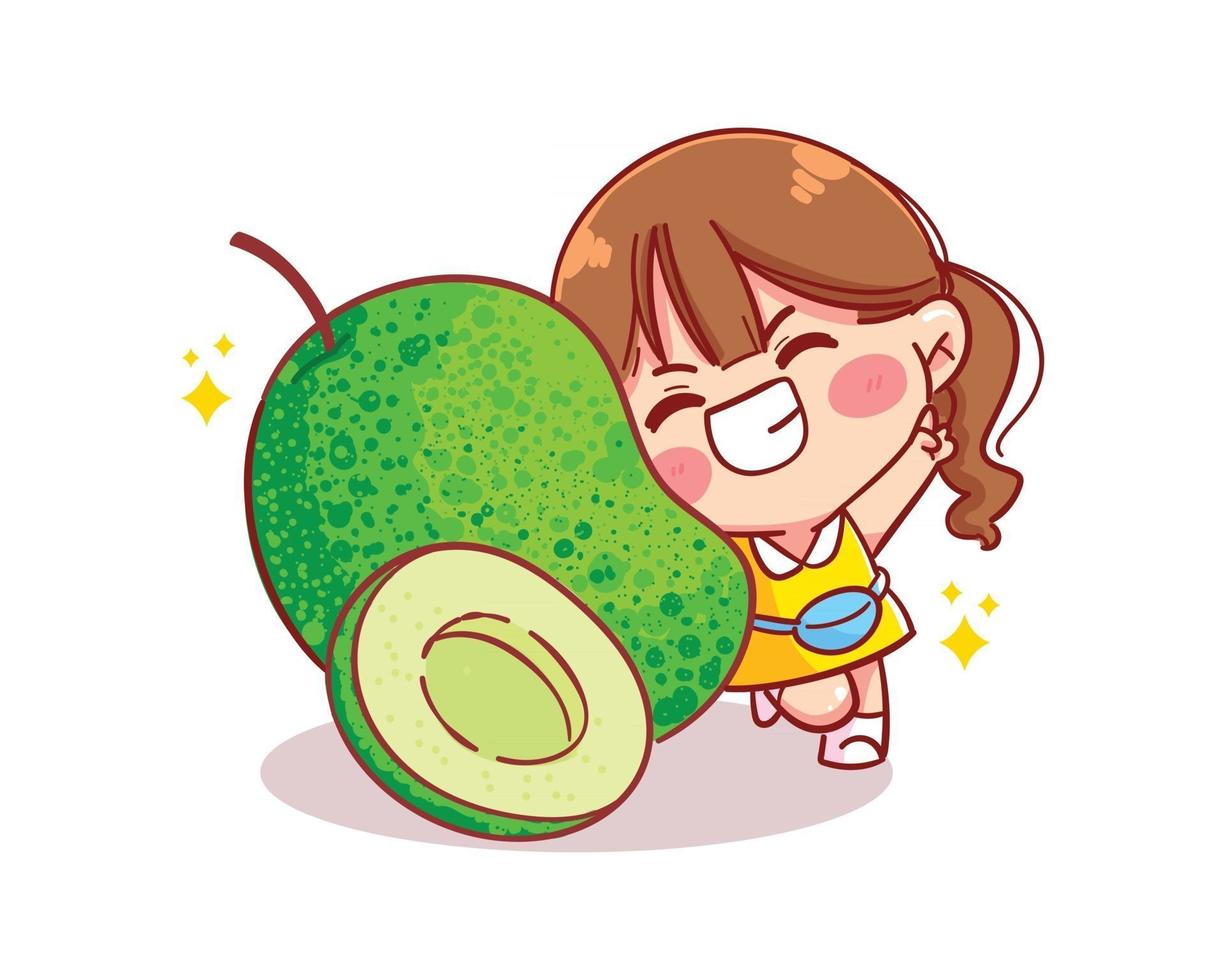 mangue fruit vert illustration dart dessin animé fille fraîche et mignonne vecteur