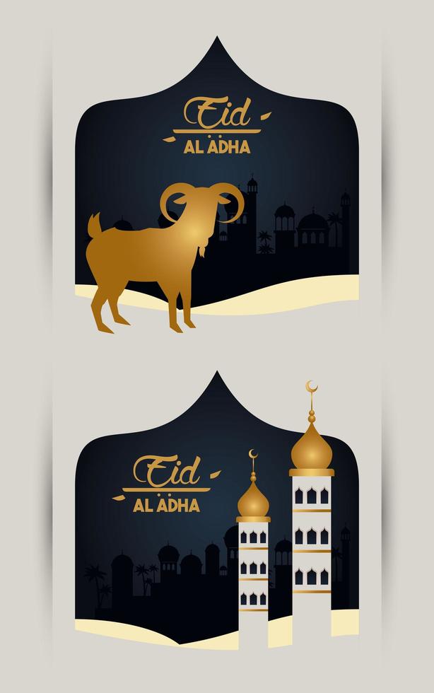carte de célébration eid al adha avec chèvre dorée et tours de mosquée vecteur