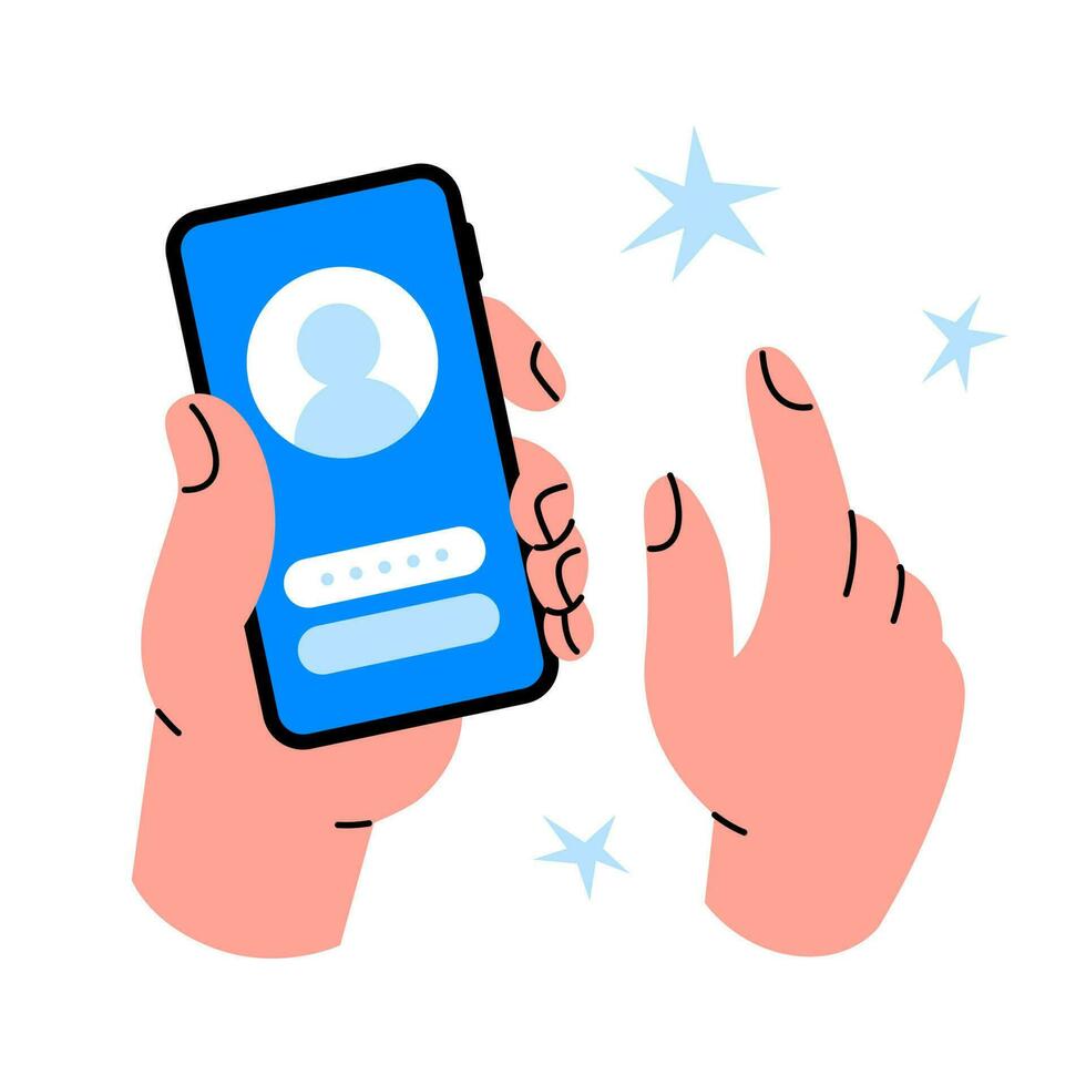 Humain mains sont en portant une téléphone intelligent. inscription, connexion, mot de passe dans le application. social réseau Compte vecteur
