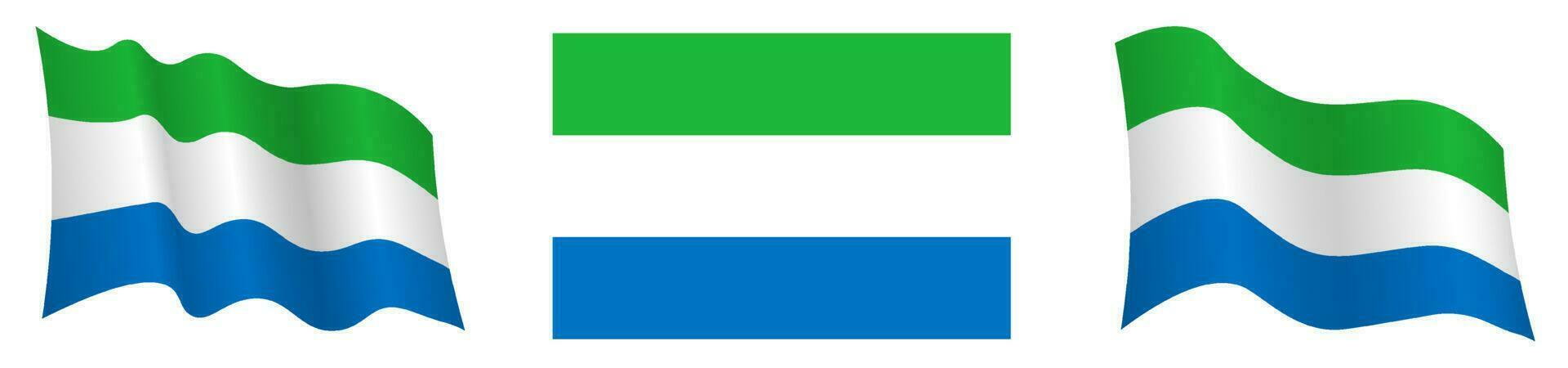 drapeau de république de sierra leone dans statique position et dans mouvement, flottant dans vent dans exact couleurs et tailles, sur blanc Contexte vecteur