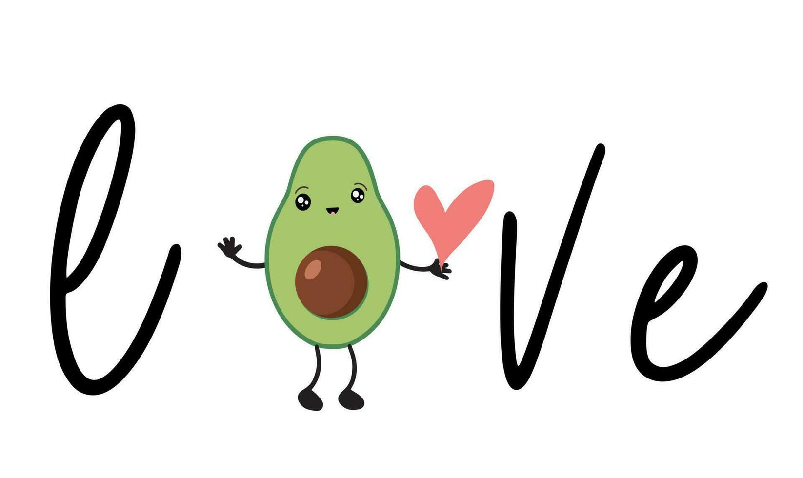 Avocat dans le style de kawaii et le une inscription l'amour. Avocat fruit dans une plat conception. vecteur