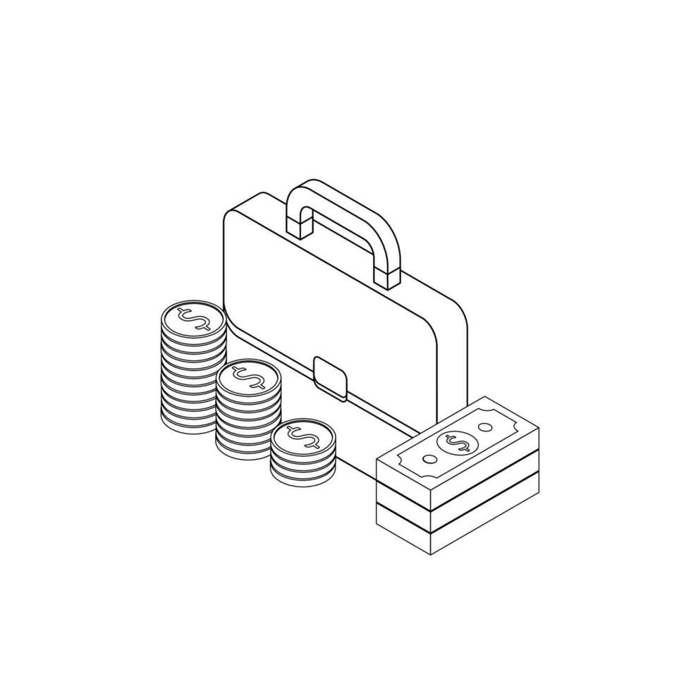 mallette, dollar argent en espèces icône, or pièce de monnaie empiler la gauche vue noir contour icône vecteur isométrique. plat style vecteur illustration.