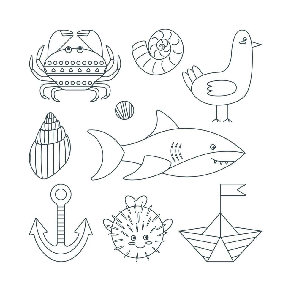 ensemble de Marin éléments poisson, ancre, requin, coquilles, bateau, Crabe dans plat dessin animé style. ligne art. vecteur