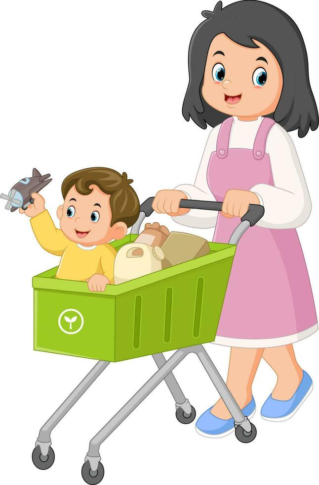 une mère est Heureusement achats à le supermarché avec sa fils avec une achats Chariot vecteur