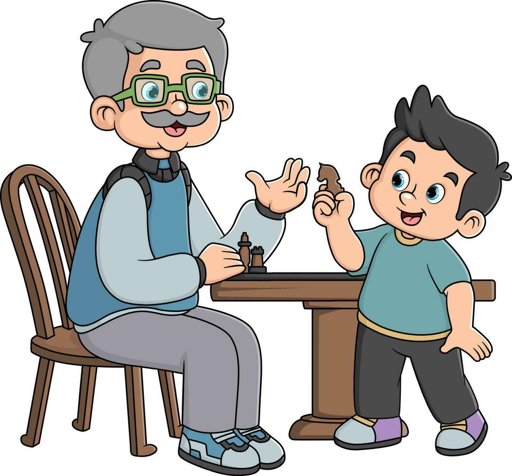 une grand-père enseigne le sien petit fils à jouer stratégique échecs vecteur