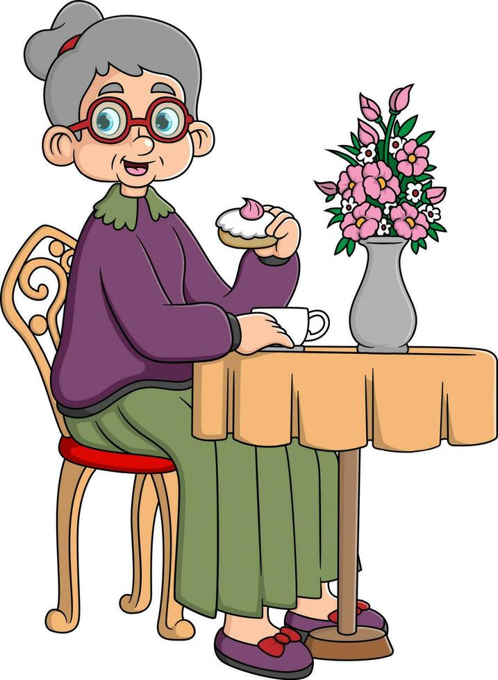 vieux femme en buvant café dans café ou restaurant vecteur