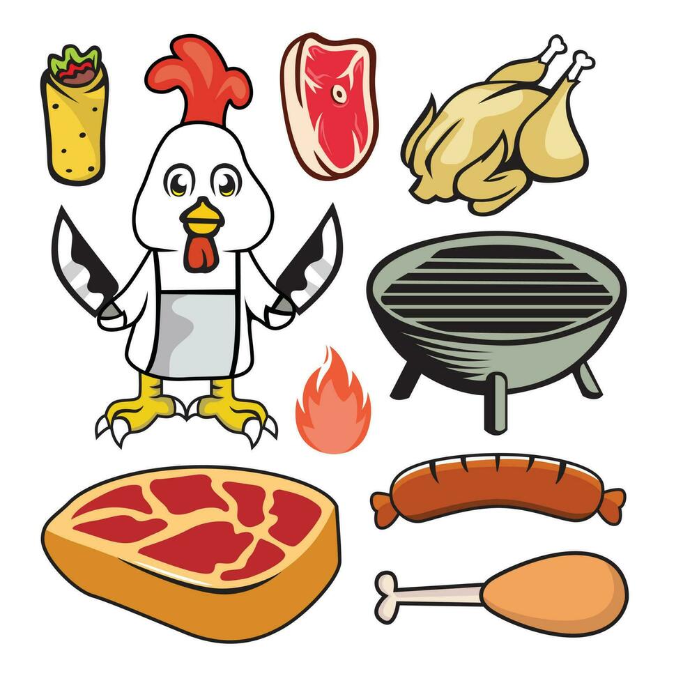 ensemble de nourriture Icônes avec poulet, Viande, légumes, steak, kebab vecteur