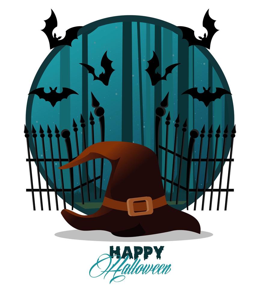 joyeux halloween carte de fête avec chapeau de sorcière et chauves-souris scène de vol vecteur