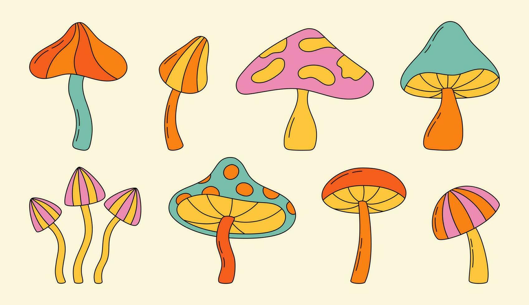 ensemble de hippie la magie champignons. psychédélique coloré abstrait champignon dans rétro Années 70 style. vecteur