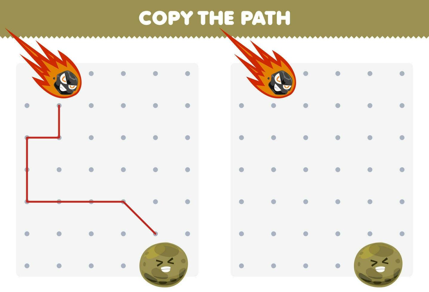 éducation Jeu pour les enfants copie le chemin Aidez-moi comète bouge toi à le planète imprimable solaire système feuille de travail vecteur