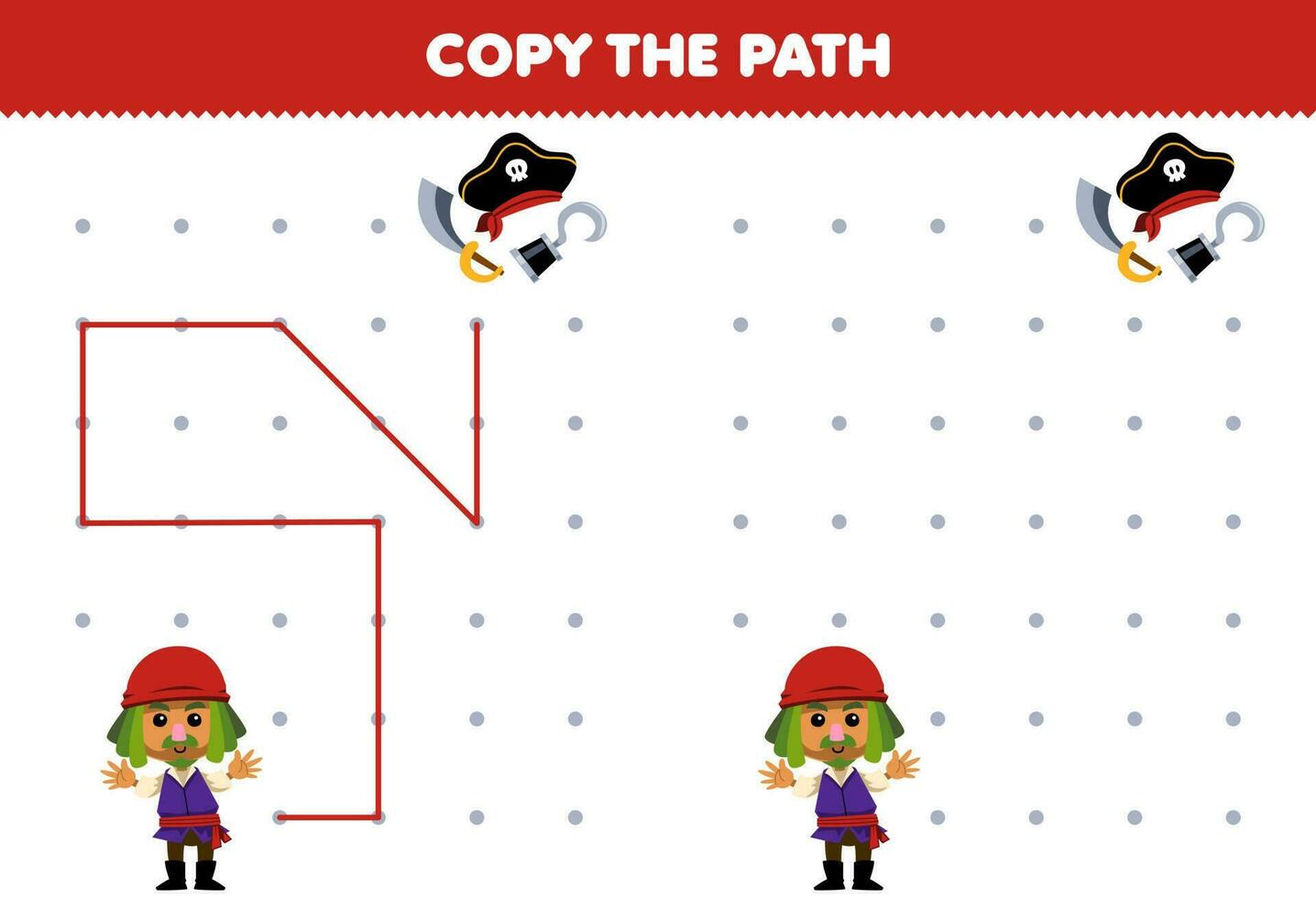 éducation Jeu pour les enfants copie le chemin Aidez-moi homme bouge toi à le épée chapeau et crochet imprimable pirate feuille de travail vecteur