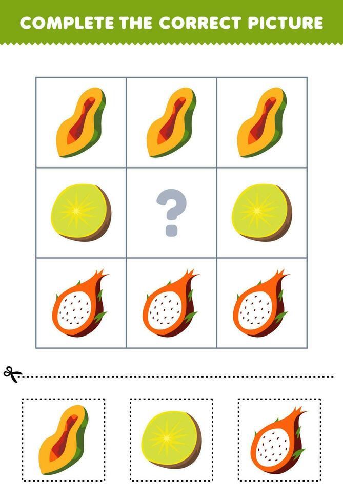 éducation Jeu pour les enfants à choisir et Achevée le correct image de une mignonne dessin animé Papaye kiwi ou dragon fruit imprimable fruit feuille de travail vecteur