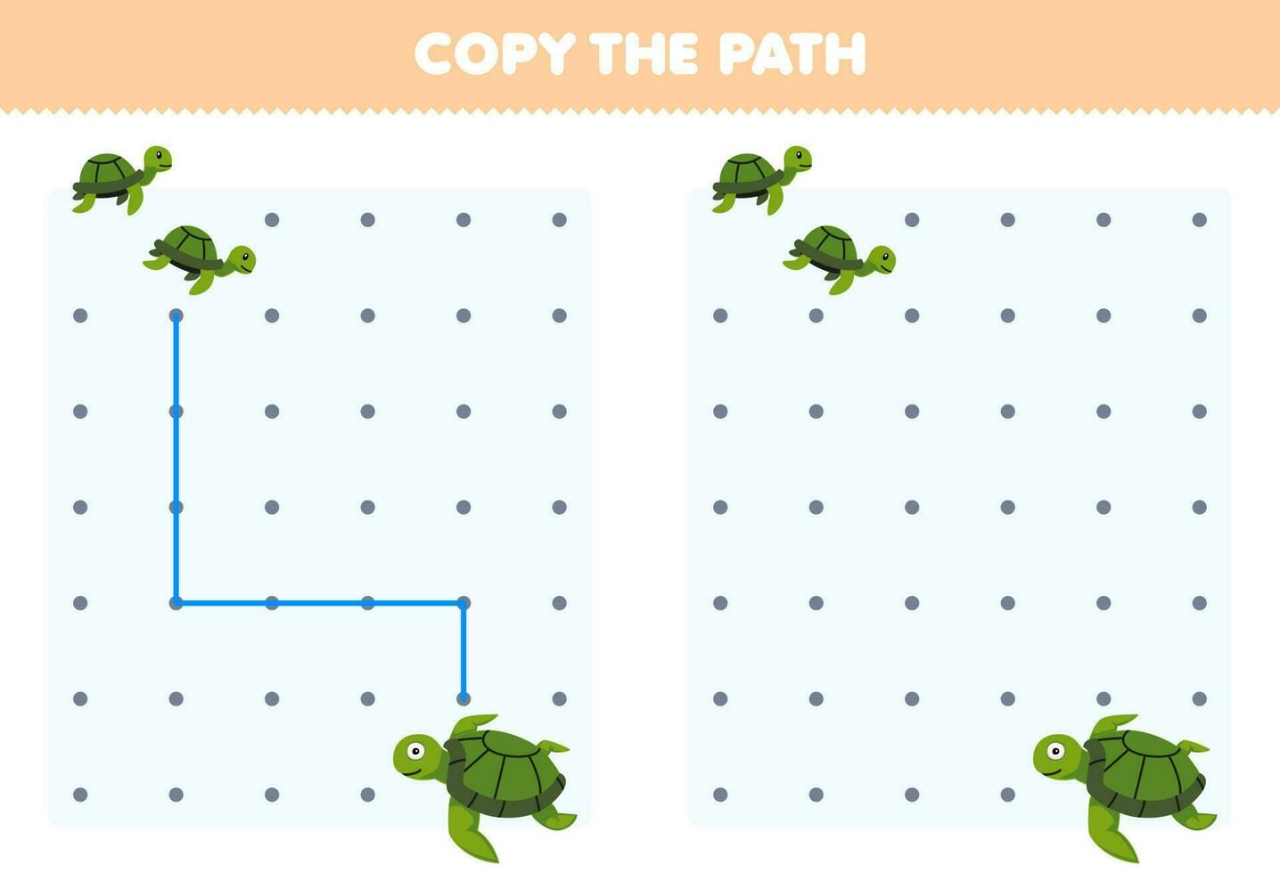 éducation Jeu pour les enfants copie le chemin Aidez-moi bébé tortue bouge toi à le gros tortue imprimable sous-marin feuille de travail vecteur