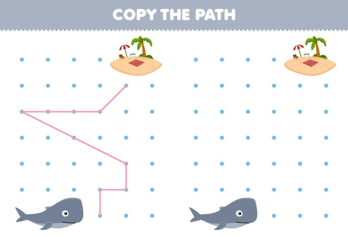 éducation Jeu pour les enfants copie le chemin Aidez-moi baleine bouge toi à le île imprimable sous-marin feuille de travail vecteur