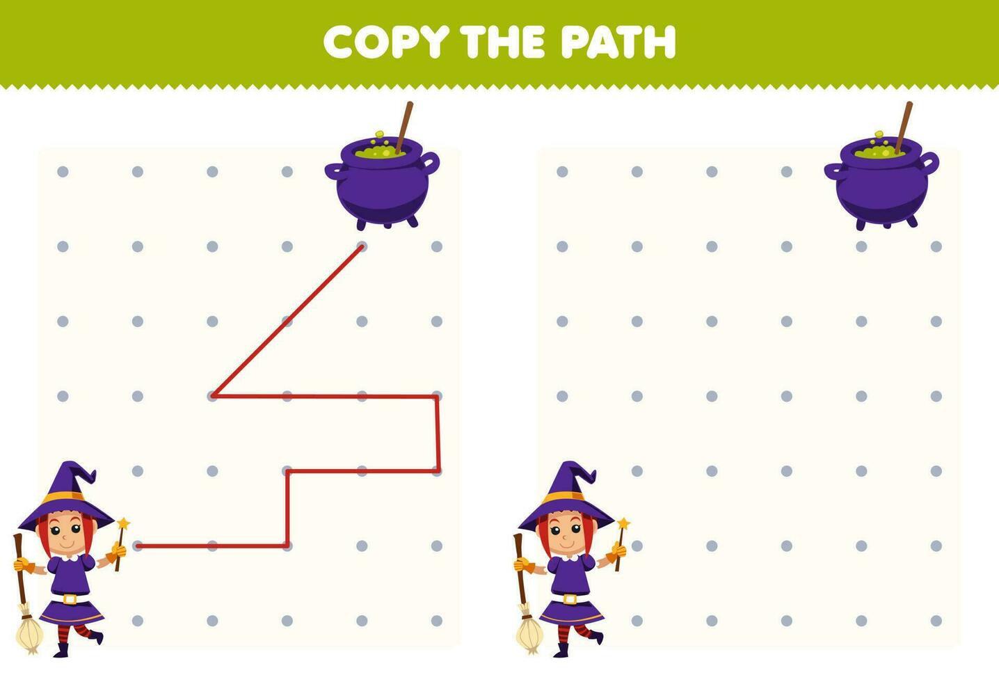 éducation Jeu pour les enfants copie le chemin Aidez-moi sorcière bouge toi à le chaudron imprimable Halloween feuille de travail vecteur