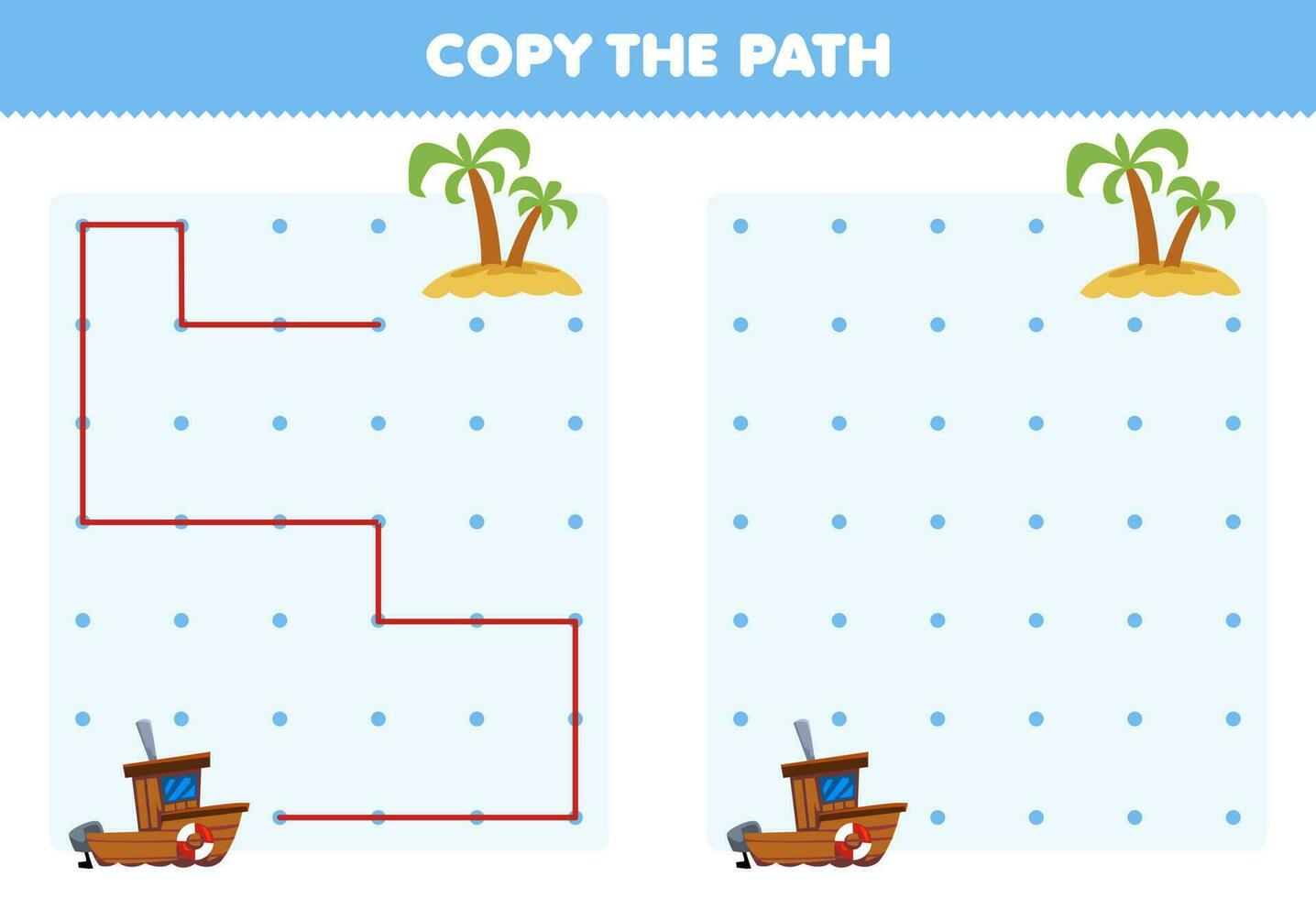 éducation Jeu pour les enfants copie le chemin Aidez-moi navire bouge toi à le île imprimable transport feuille de travail vecteur