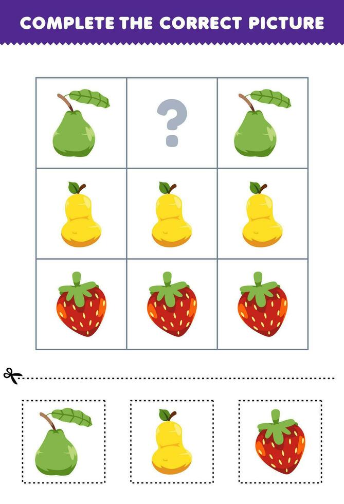 éducation Jeu pour les enfants à choisir et Achevée le correct image de une mignonne dessin animé goyave poire ou fraise imprimable fruit feuille de travail vecteur