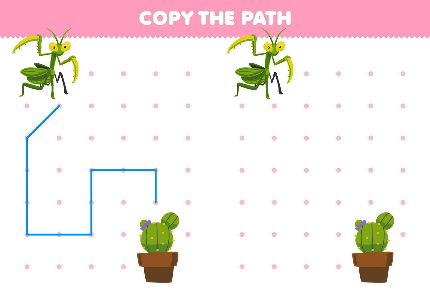 éducation Jeu pour les enfants copie le chemin Aidez-moi mante bouge toi à le cactus imprimable punaise feuille de travail vecteur