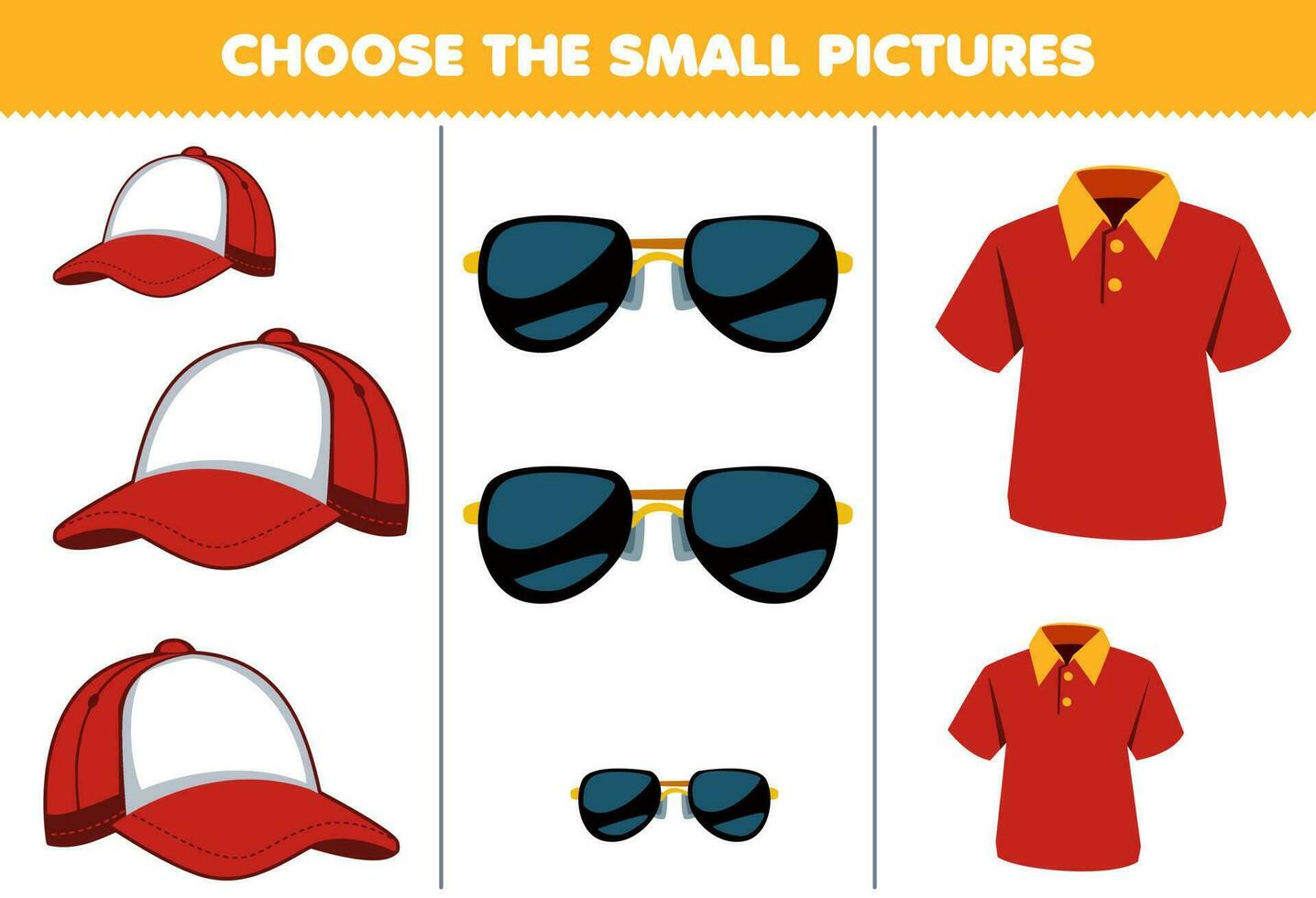 éducation Jeu pour les enfants choisir le petit image de mignonne dessin animé casquette des lunettes de soleil polo chemise imprimable portable vêtements feuille de travail vecteur