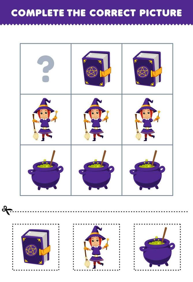 éducation Jeu pour les enfants à choisir et Achevée le correct image de une mignonne dessin animé la magie livre sorcière ou chaudron imprimable Halloween feuille de travail vecteur