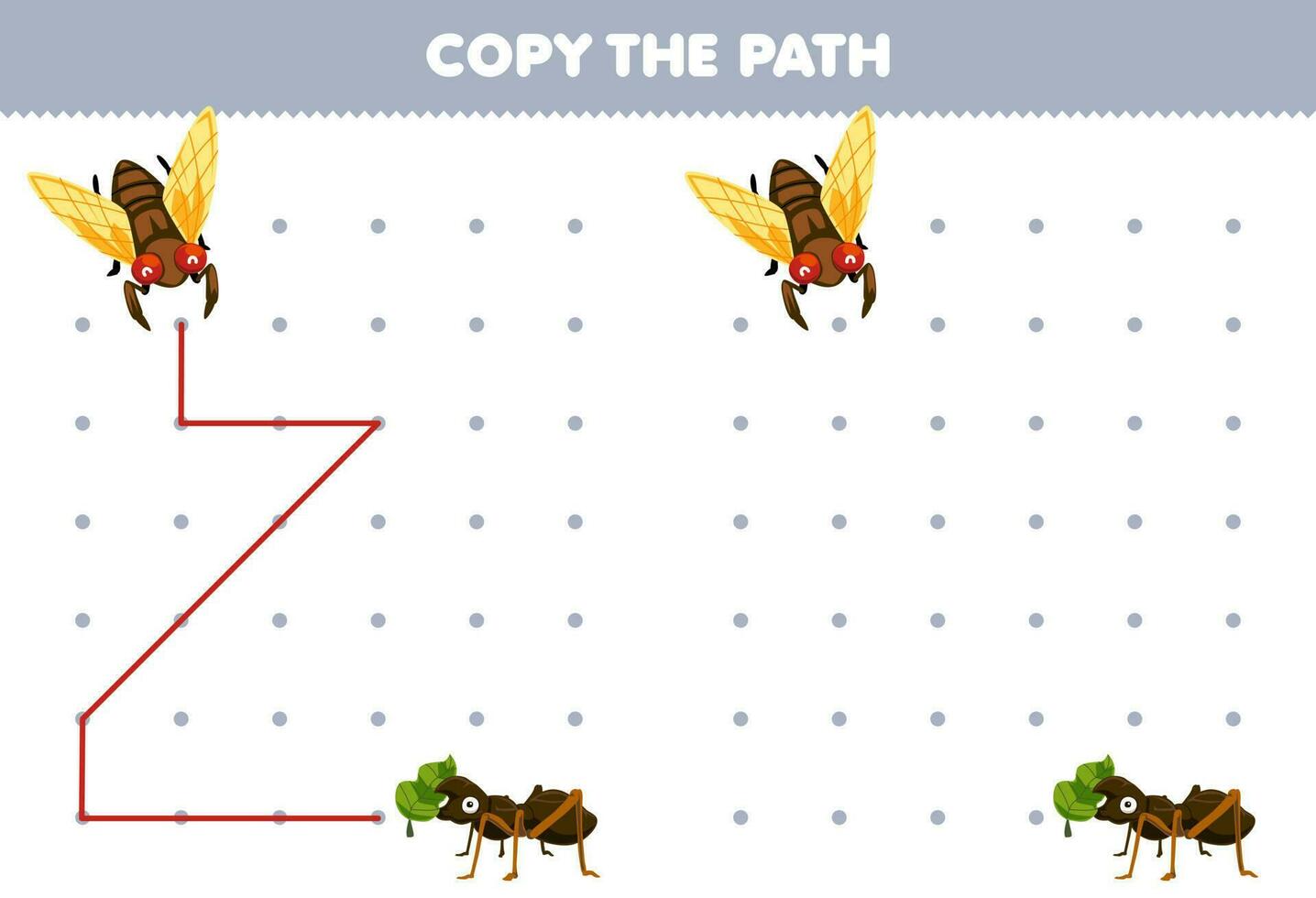 éducation Jeu pour les enfants copie le chemin Aidez-moi cigale bouge toi à le fourmi imprimable punaise feuille de travail vecteur