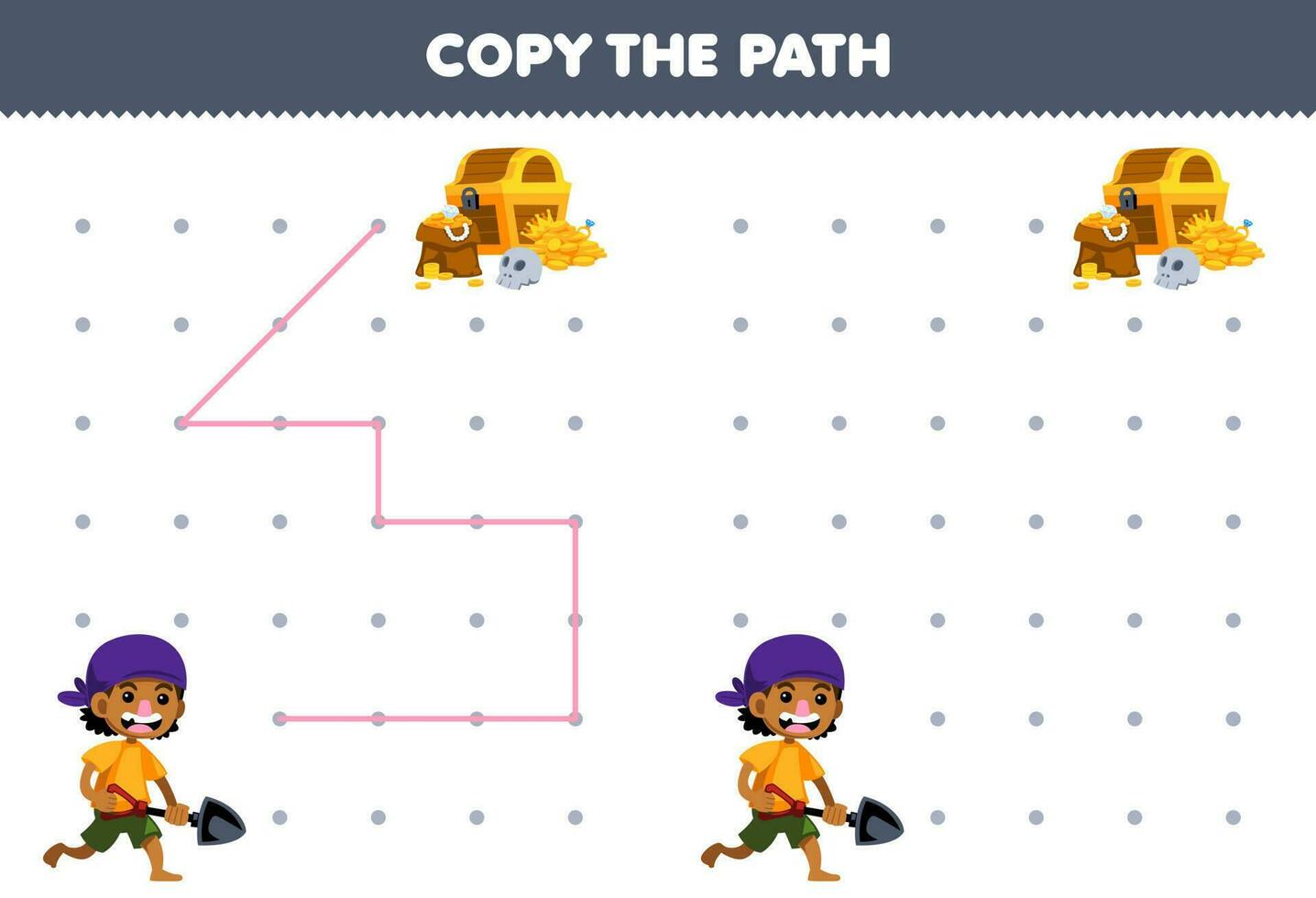 éducation Jeu pour les enfants copie le chemin Aidez-moi garçon avec pelle bouge toi à le Trésor poitrine imprimable pirate feuille de travail vecteur