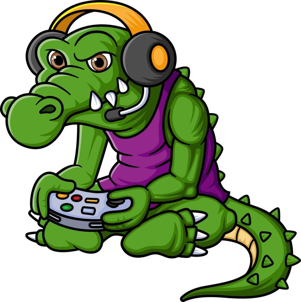 crocodile en jouant Jeu avec manette et casque de musique dessin animé vecteur