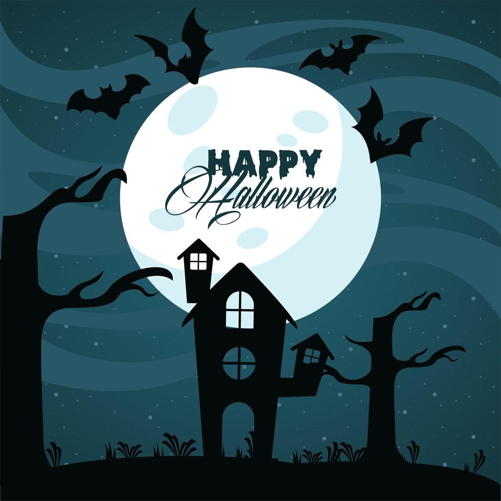 joyeux halloween carte de fête avec maison hantée et chauves-souris volant vecteur