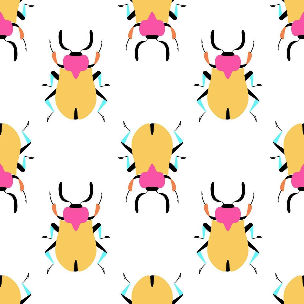 Jaune coléoptères sur le blanc Contexte. sans couture modèle avec dessin animé éléments. vecteur