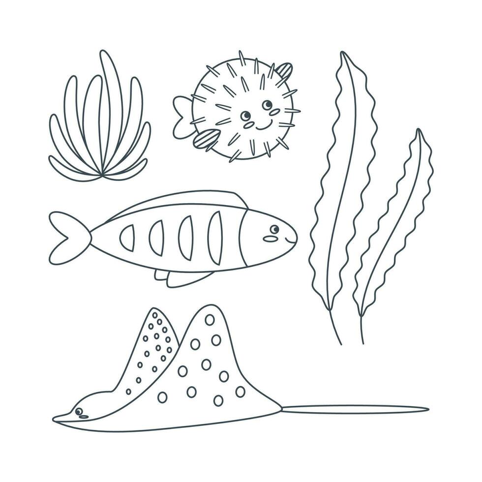 ensemble de Marin éléments de poisson, puffer poisson, algue dans plat dessin animé style. ligne art. vecteur