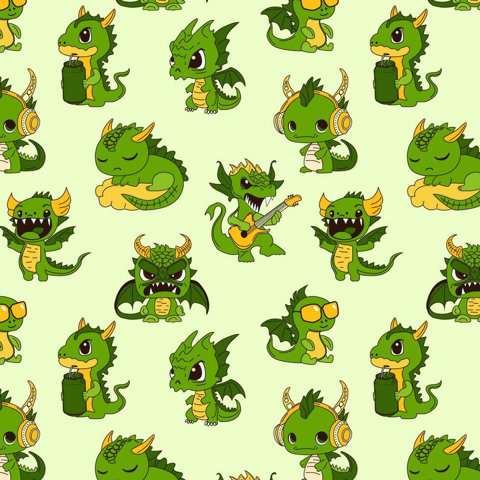 sans couture modèle avec vecteur Stock illustration isolé emoji personnages dessin animé vert dragon dinosaure des rires autocollant émoticône