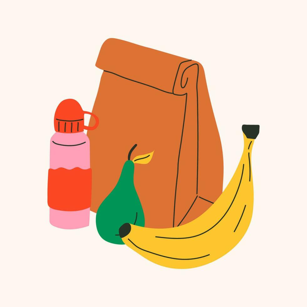 école le déjeuner boîte, papier sac. divers aliments. main tiré vecteur illustration. isolé éléments, conception modèles. en bonne santé nourriture concept