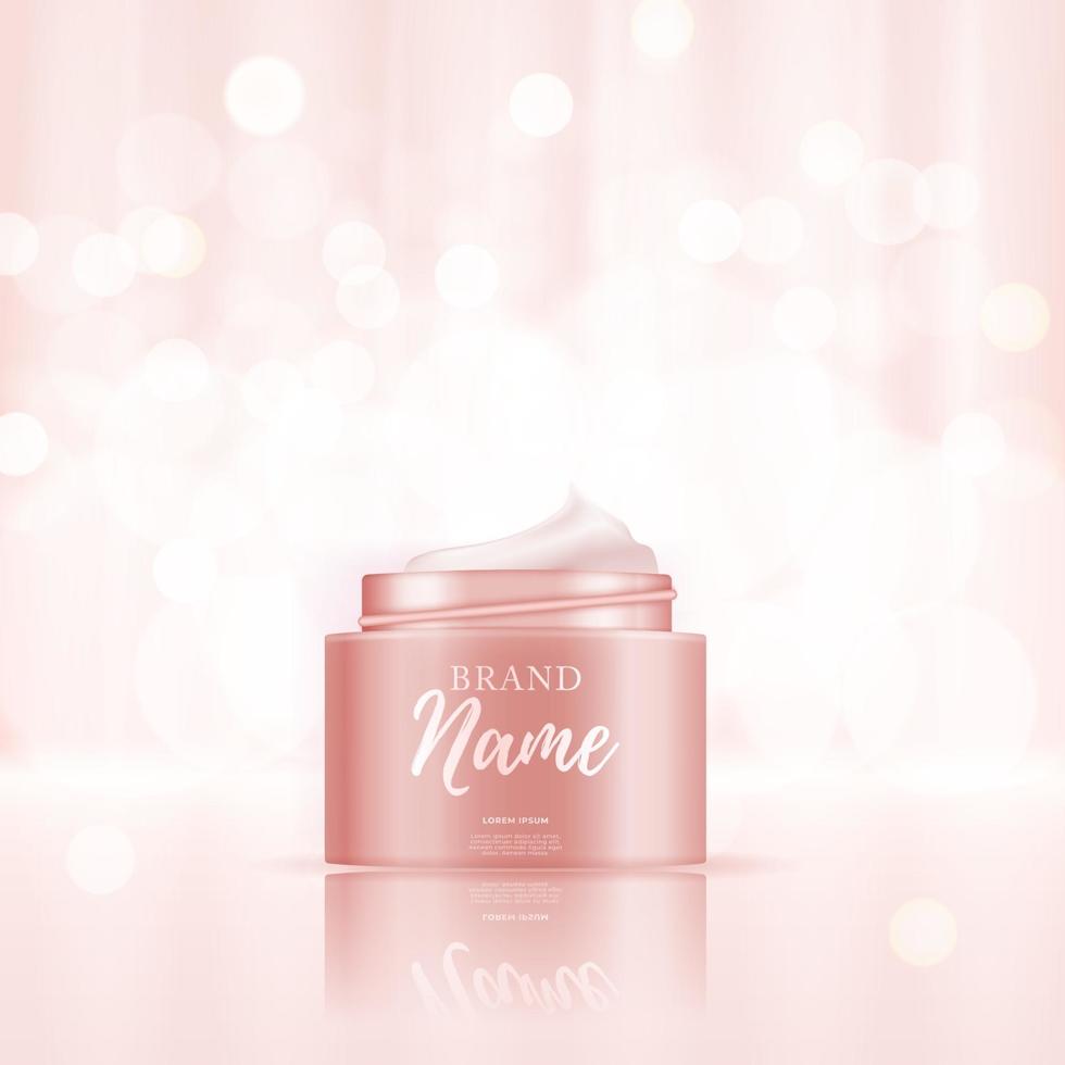 Produit cosmétique de beauté naturelle réaliste 3D pour les soins du visage ou du corps sur fond de bokeh brillant. vecteur