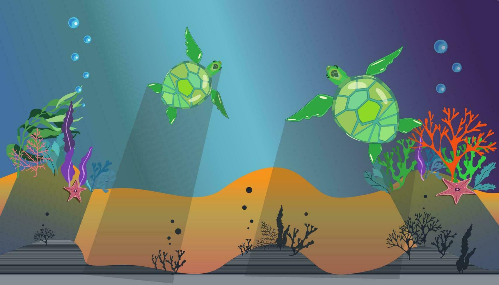sous-marin monde, 2 tortues, sous-marin algues, lumière ombres dans eau, été vecteur illustration pour tortue journée